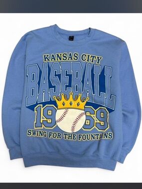 Gildan Light Blue Kansas City Baseball Crewneck with Yellow & White Graphic